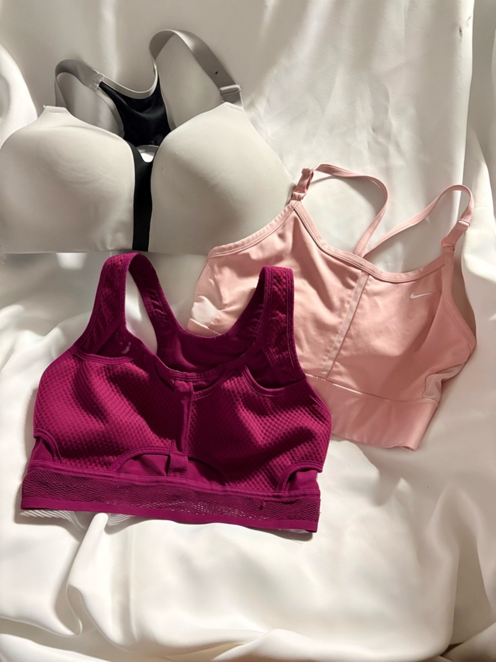 3 Nike Women’s Sports Bras Trio in Pink, Magenta and White 36D